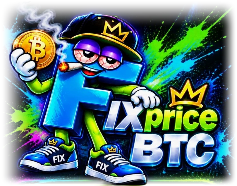 Маскот FIXpriceBTC с биткоином и логотип FIXprice BTC